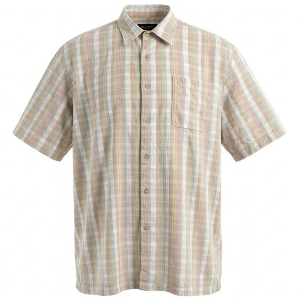 Kenpo Button Down Shirt Mens Large Tan Multi Color Plaid Cotton Short Sleeve